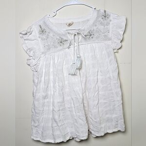 Nicole Miller Artelier Cap Ruffle Sleeve Embroidered Tie Blouse, Size Medium